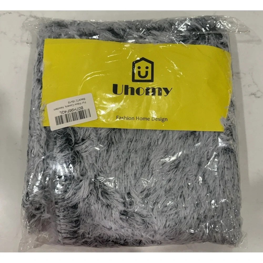 Uhomy Set of 2 Decorative 18x18 Fluffy Gray Pillow Covers Luxury Faux Fur NEW